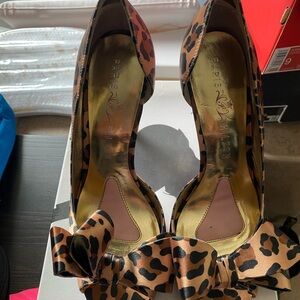 Paris Hilton leopard satin/silk heels worn one day for a wedding.